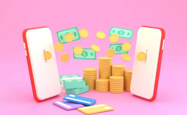 Dinheiro fluindo de smartphones, simbolizando a monetização no Instagram