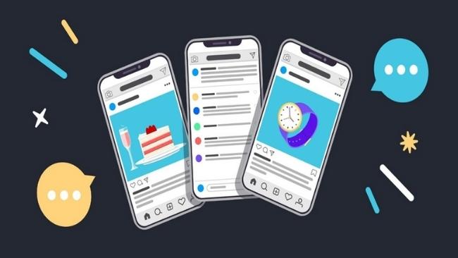 Três celulares mostrando feeds diferentes com legendas para Instagram