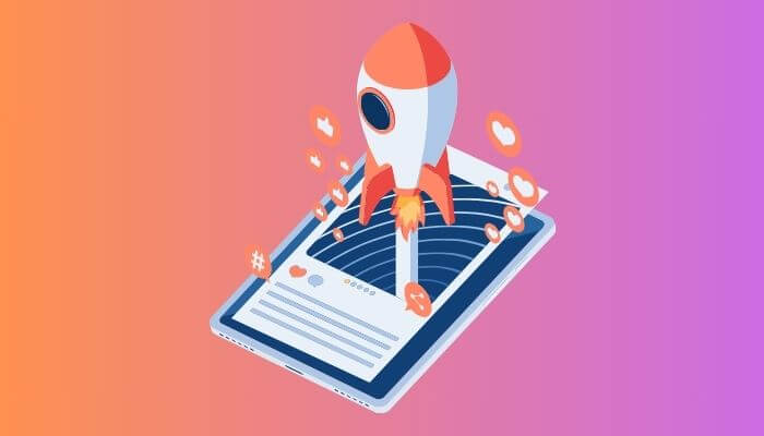 Ilustração de um foguete decolando de um tablet com uma postagem do Instagram, simbolizando o crescimento das interações nas postagens.