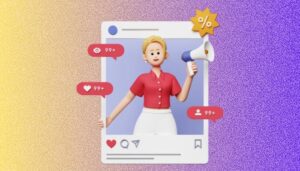 Ilustração 3D de uma pessoa segurando um megafone dentro de uma moldura de post do Instagram, com ícones de comentários, curtidas e seguidores, representando estratégias de engajamento para Stories no Instagram.
