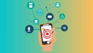 Ilustração de uma mão segurando um smartphone com um alvo na tela, conectado a ícones de redes sociais e comunicação, representando estratégia de marketing digital no Instagram.