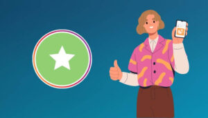 Ilustração de uma pessoa mostrando o recurso de Close Friends no Instagram em seu smartphone, com um ícone de estrela verde ao lado, representando como ganhar dinheiro com essa funcionalidade.