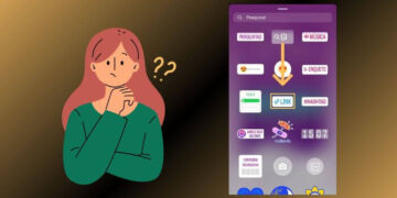 Ilustração de uma mulher confusa ao lado de uma tela de Stories do Instagram mostrando a opção de inserir um link, representando como colocar links nos Stories do Instagram de forma prática.