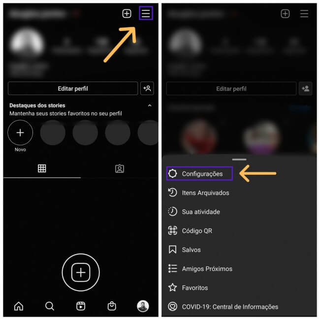 Seta para configurações instagram