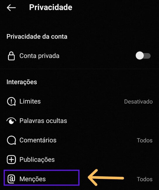 Opção de menções no instagram