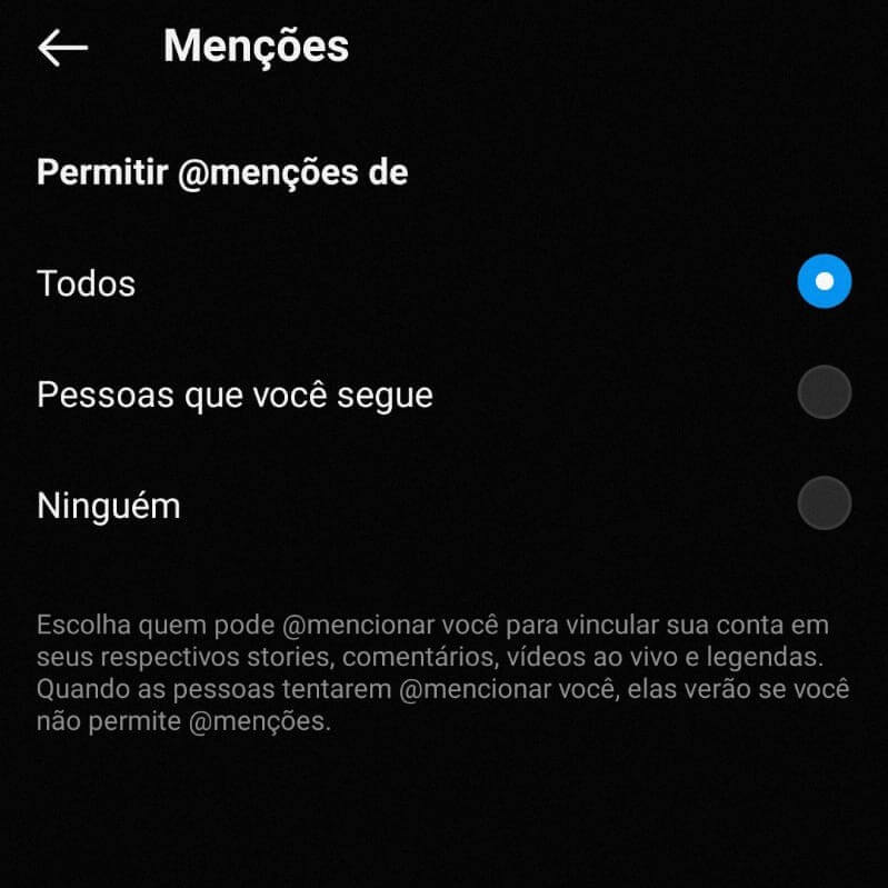 Habilitar menções para todos instagram