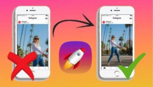Ilustração de dois smartphones mostrando o antes e depois de uma foto no Instagram, com um ícone de foguete no meio, representando um tutorial sobre como postar uma foto inteira no Instagram.