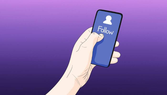 Ilustração de uma mão segurando um smartphone com o botão "Follow" na tela, representando a questão de quantas pessoas podem ser seguidas por dia no Instagram e se existe um limite.