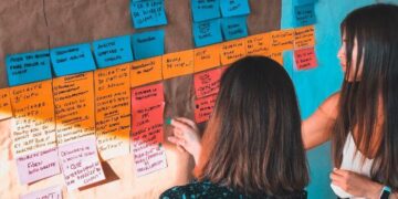 Duas mulheres organizando post-its coloridos em uma parede, representando os passos para planejar um cronograma de postagens no Instagram.