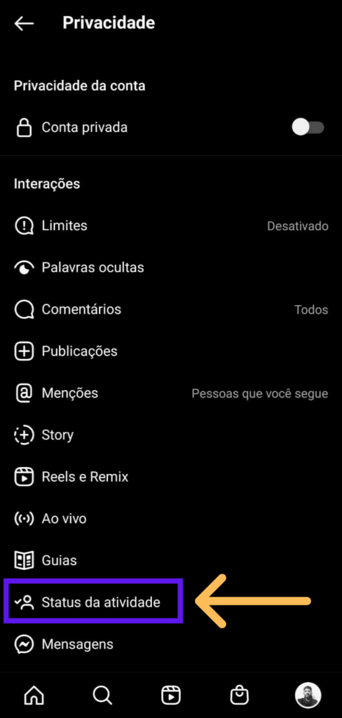 Aba de configuração de privacidade do Instagram com indicações de onde tirar o visto por último