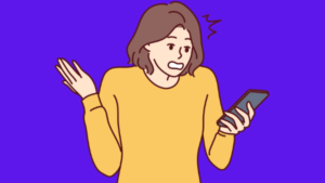 Desenho de mulher olhando para o celular com dúvidas sobre a ordem de visuaçização dos Stories