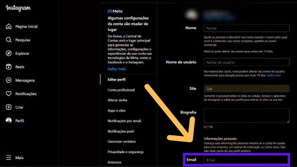 Tela de edição de perfil do Instagram com indicativos na informação de email