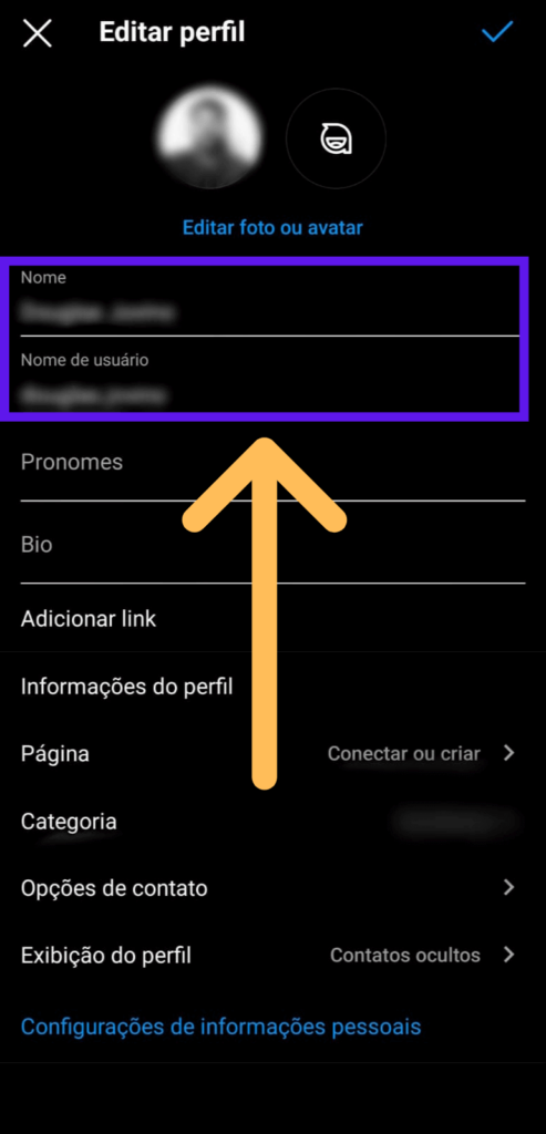 Tela de edição com indicações de como mudar o nome do Instagram