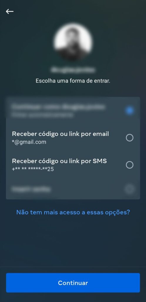 Tela do Instagram com alternativas de recebimento de código