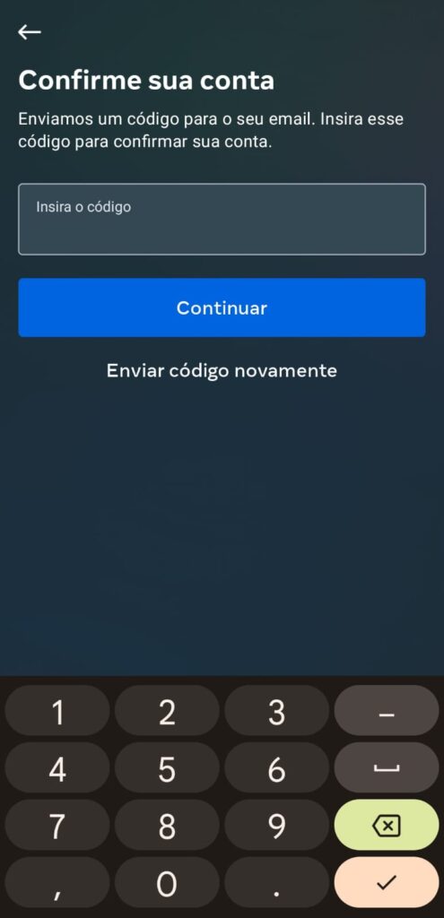 Tela do Instagram para inserir o código de segurança recebido