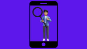 Desenho de celular com homem segurando lupa de pesquisa