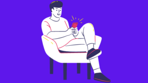 Desenho de homem sentado na cadeira com celular aprendendo pular linha e usar espaço no Instagram