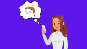 Desenho de mulher com celular pensando em como fazer boomerang no Instagram