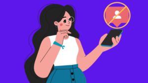 Desenho de mulher com celular pensando porque os seguidores do Instagram diminuem