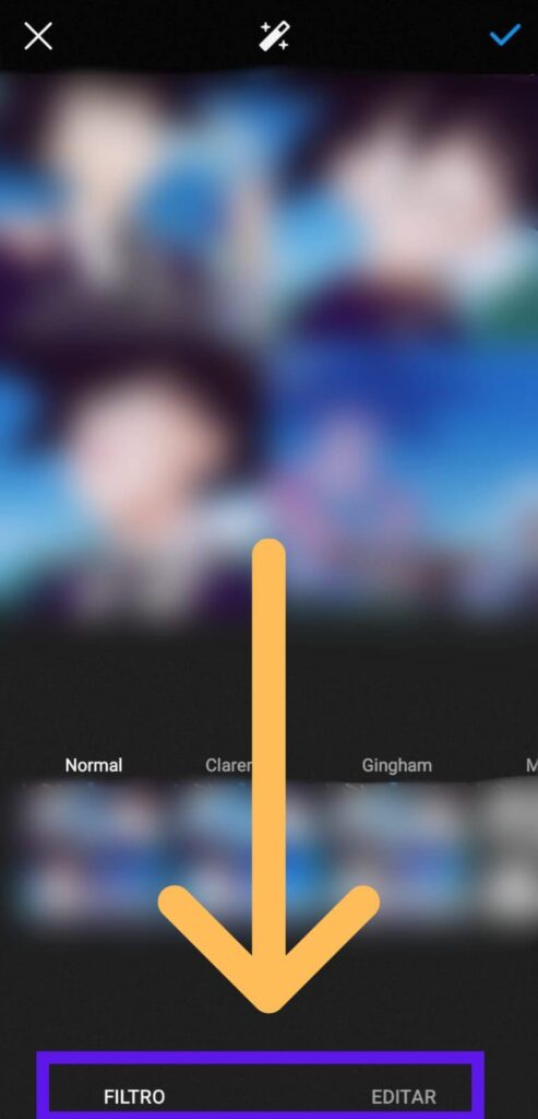 Tela de criação de post do Instagram com indicativos de como colocar filtro e editar mídias