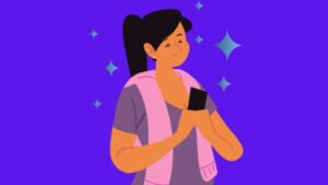 Desenho de mulher com celular na mão feliz com evento especial no Instagram