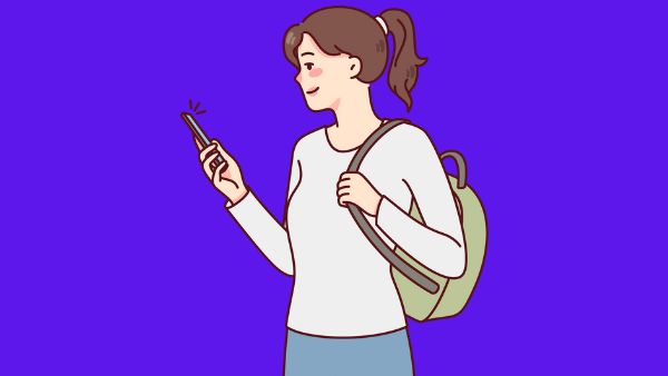 Desenho de mulher com bolsa olhando para o celular