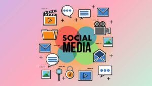 Social media escrito no centro com ícones da internet ao redor da escrita