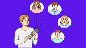 Desenho simbolizando um homem segurando celular e mostrando quatro pessoas