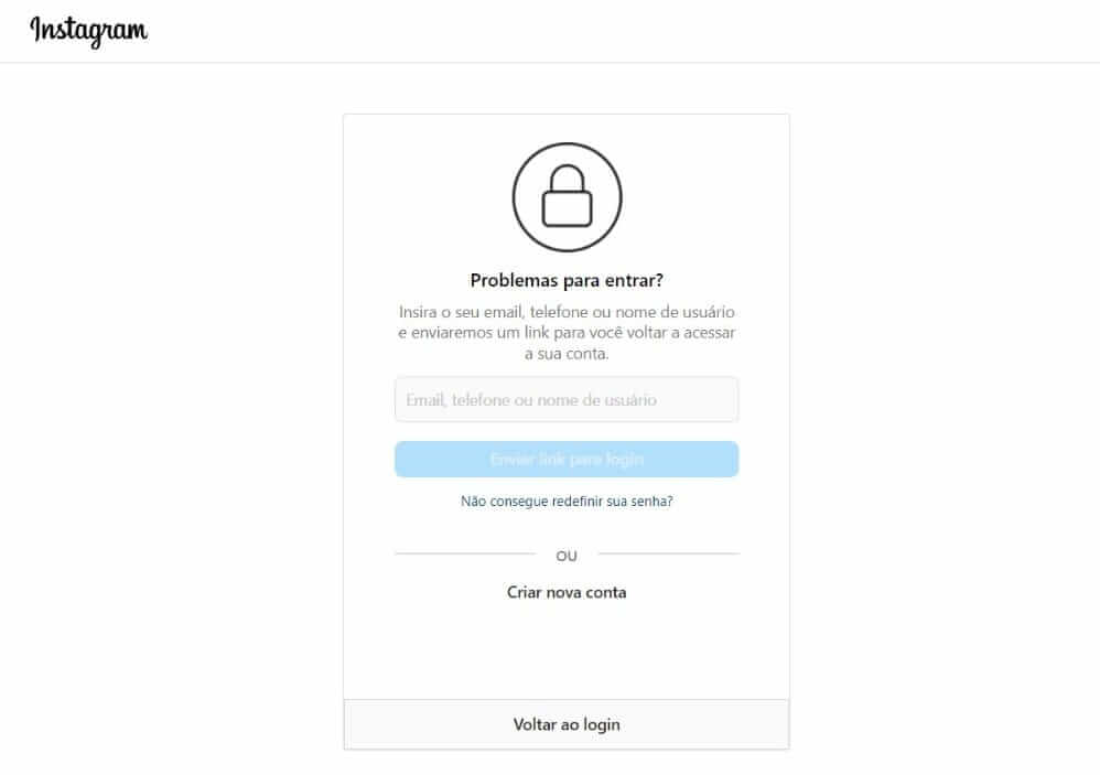 Tela do aplicativo Instagram botão insira o seu email