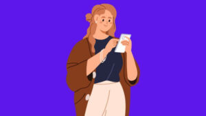 Desenho representativo de uma mulher sorrindo olhando para o celular