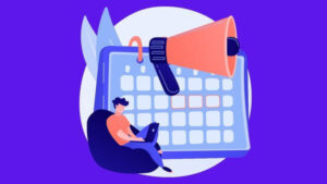 Ilustração mostrando megafone, calendário e pessoa que está sentada para mostrar onde achar rascunhos Instagram