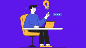 Ilustração de um homem com uma ideia trabalhando em um laptop, mostrando criatividade e produtividade.