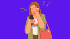 Ilustração de uma mulher assustada olhando para o celular.