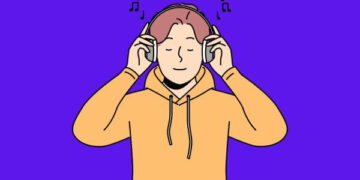 Ilustração de uma pessoa escutando música com fones de ouvido.
