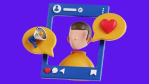 Ícone de redes sociais com avatar de homem, balão com coração e megafone.