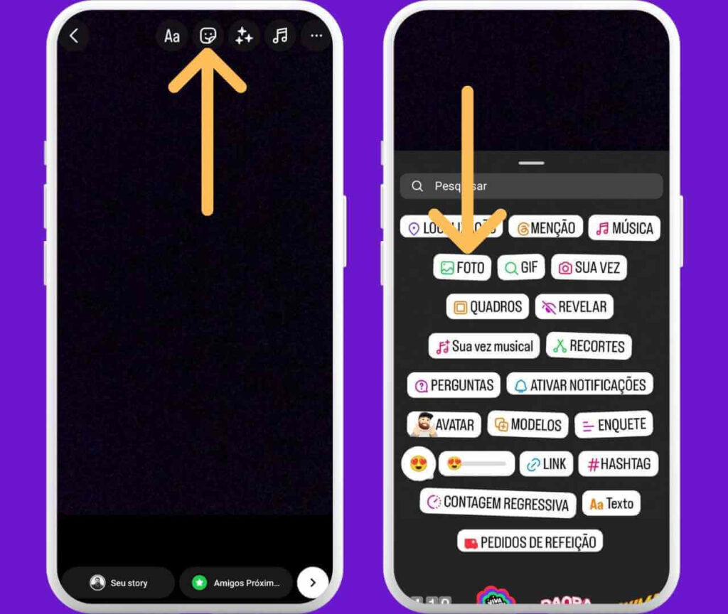 Tela do Instagram com opções de adicionar foto, GIF, música e menção ao criar um story. Como por uma foto em cima da outra no instagram

