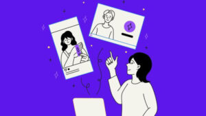 Ilustração de uma mulher compartilhando imagens online, simbolizando interação digital.