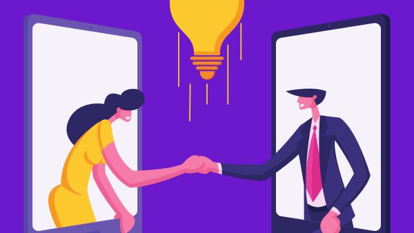 Ilustração de duas pessoas apertando as mãos através de telas de smartphones, simbolizando uma parceria virtual. Como fazer collab no instagram