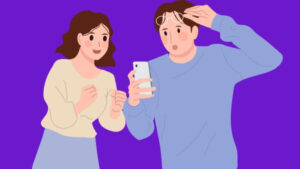 Ilustração de duas pessoas surpresas olhando para o celular juntas, fundo roxo. Como Colocar Uma Foto em Cima da Outra no Instagram