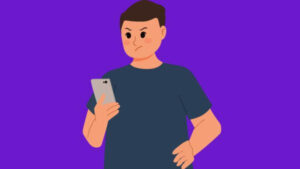 Ilustração de um homem com expressão irritada, olhando para o smartphone. Overposting