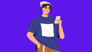Ilustração de um jovem vestindo uma camisa larga e olhando para o celular, fundo roxo.