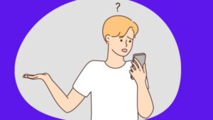 Porque não consigo seguir ninguém no instagram. Ilustração de um jovem loiro confuso olhando para o celular, com uma expressão de dúvida.