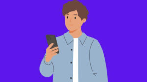 Ilustração de um jovem segurando um celular com fundo roxo, simbolizando uso de redes sociais.