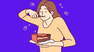 Ilustração de uma mulher sorrindo enquanto come um pedaço de bolo. Legenda para foto de aniversário.