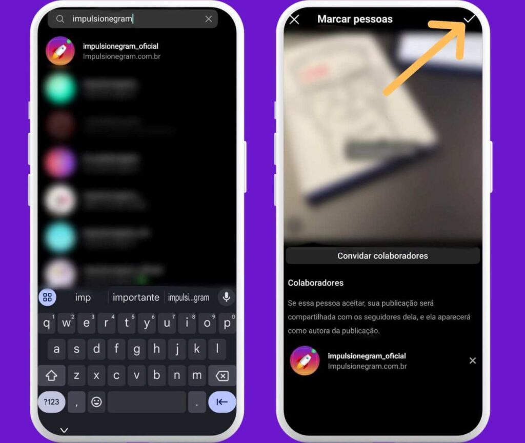 Processo de marcação de colaboradores no Instagram, mostrando a busca pelo perfil ImpulsioneGram. Como fazer collab no instagram