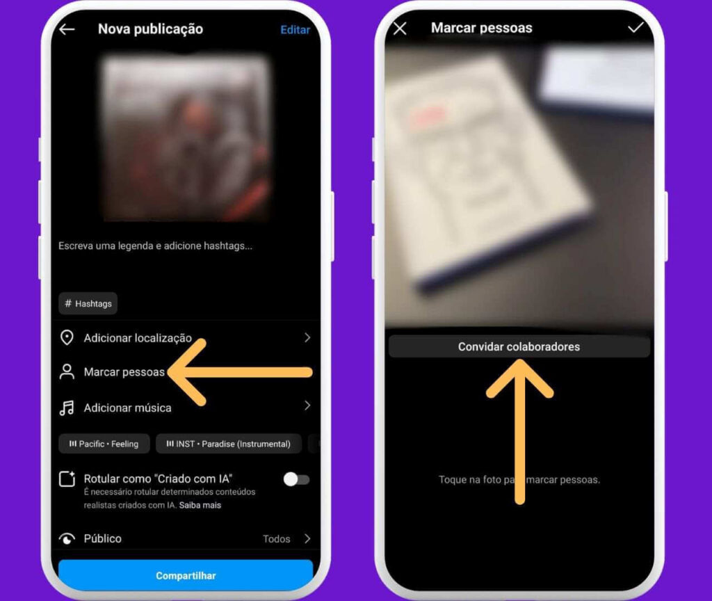 Tela do Instagram com a opção de marcar pessoas e convidar colaboradores em uma publicação. Como fazer collab no instagram