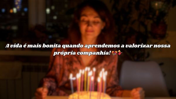Mulher sozinha celebrando aniversário com bolo, com a frase "A vida é mais bonita quando aprendemos a valorizar nossa própria companhia!" sobreposta.