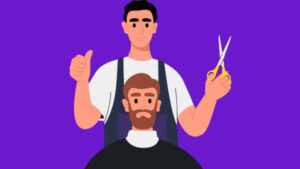 Ilustração de um barbeiro cortando a barba de um cliente, com um gesto positivo, representando atendimento de qualidade em barbearia.