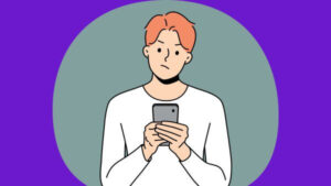 Ilustração de um homem preocupado olhando para o celular, representando a dificuldade em escolher nomes únicos para TikTok.