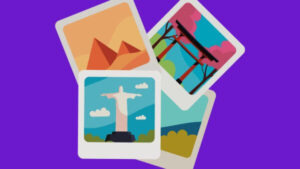 Montagem de quatro imagens representando viagens, incluindo o Cristo Redentor e paisagens icônicas. Ideal para um photo dump no Instagram.